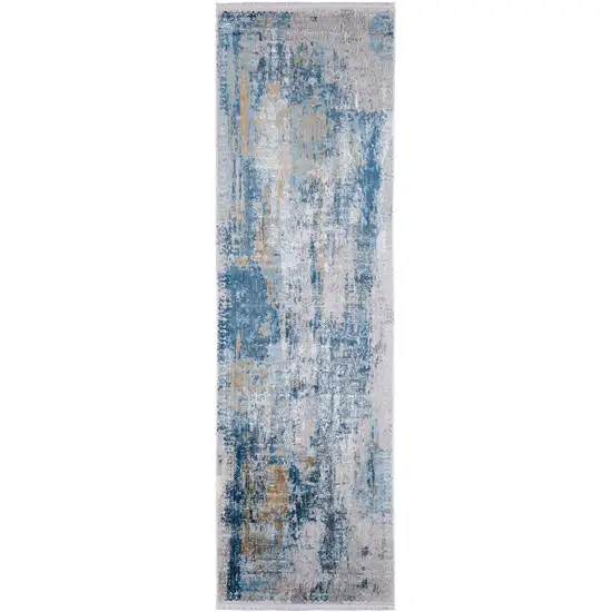 10' Blue Gold and Gray Abstract Power Loom Runner Rug With Fringe Photo 2