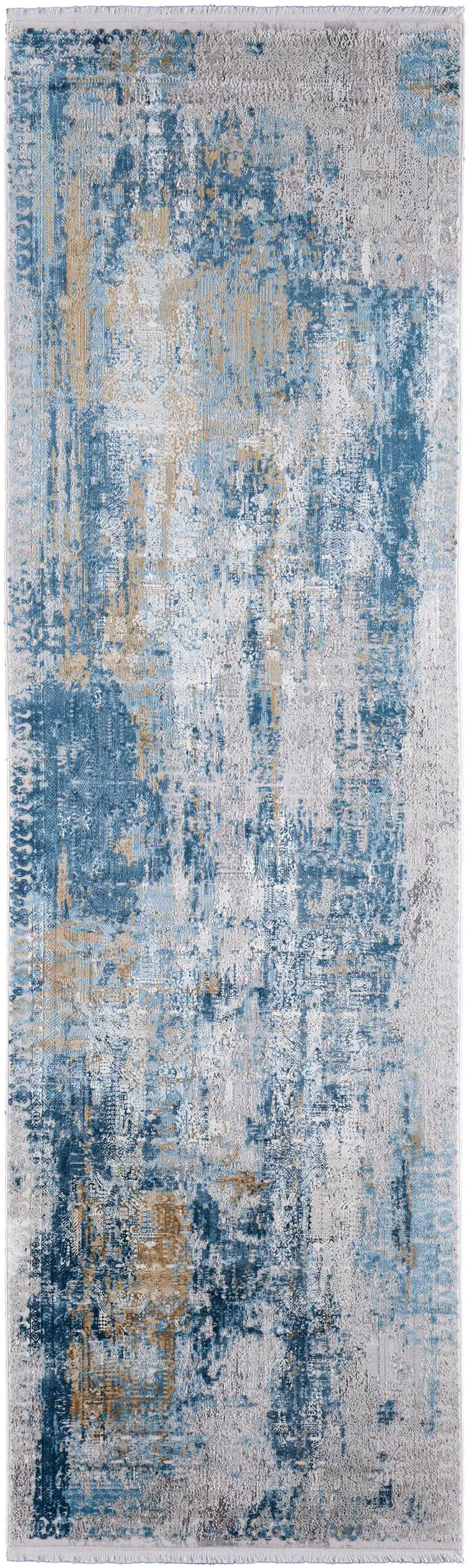 10' Blue Gold and Gray Abstract Power Loom Runner Rug With Fringe Photo 2