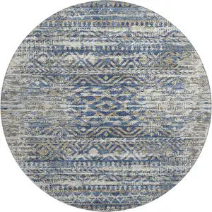 Photo of 8' Blue Gray And Beige Moroccan Washable Round Rug With UV Protection