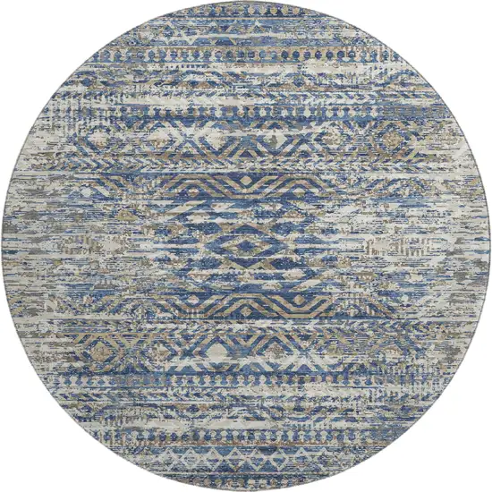 8' Blue Gray And Beige Moroccan Washable Round Rug With UV Protection Photo 1