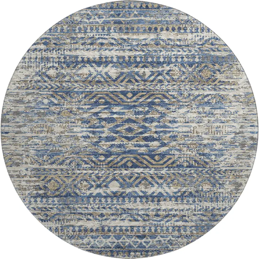 8' Blue Gray And Beige Moroccan Washable Round Rug With UV Protection Photo 1