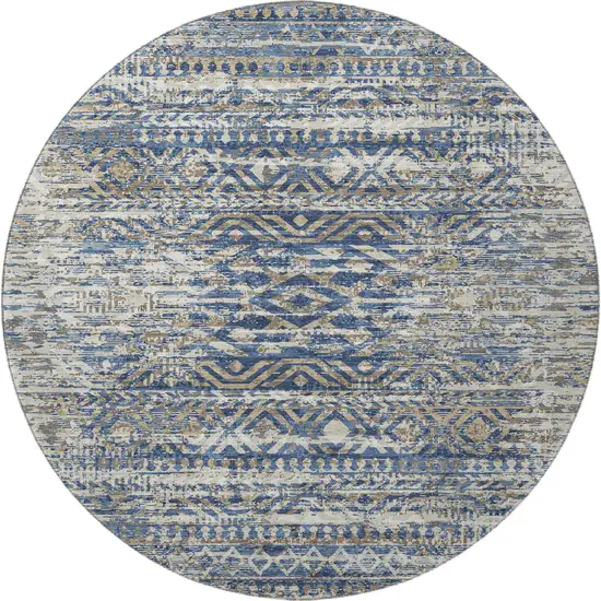 8' Blue Gray And Beige Moroccan Washable Round Rug With UV Protection Photo 4