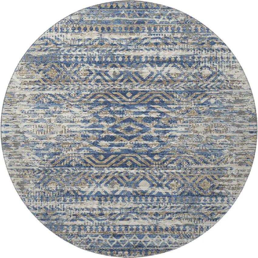 8' Blue Gray And Beige Moroccan Washable Round Rug With UV Protection Photo 4