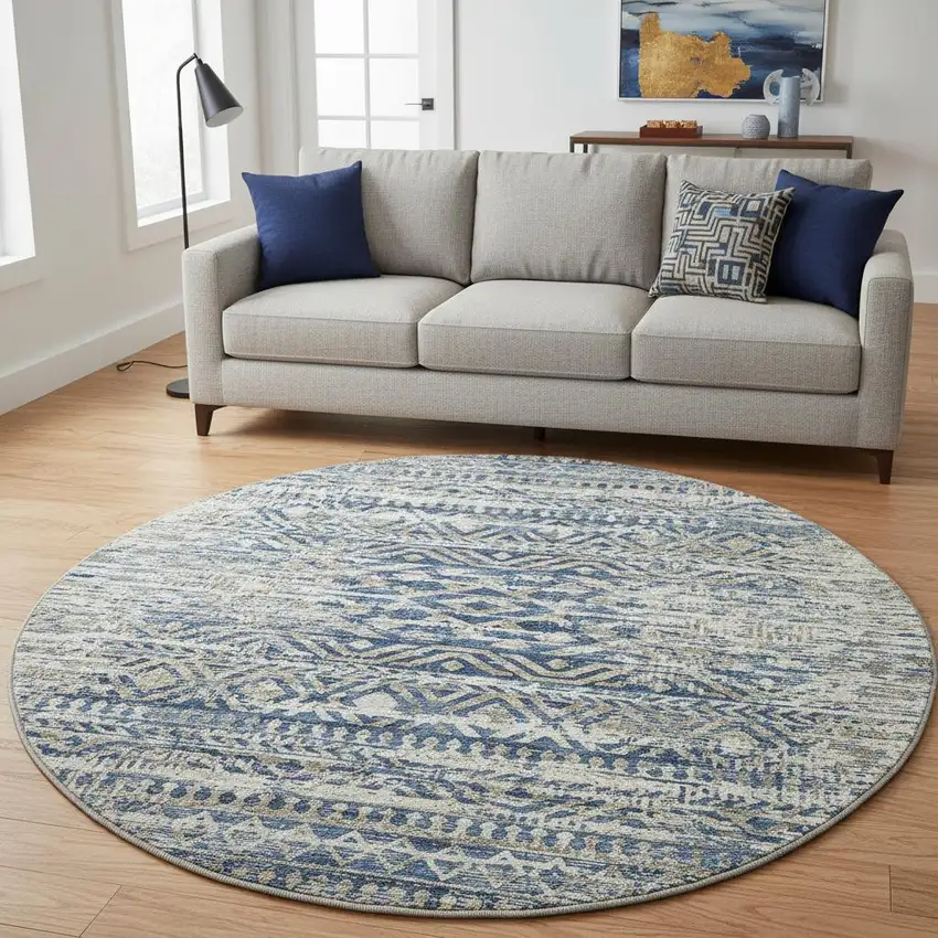 8' Blue Gray And Beige Moroccan Washable Round Rug With UV Protection Photo 2
