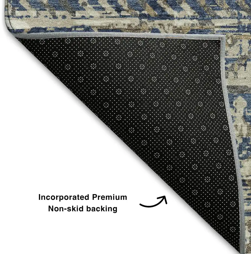 8' Blue Gray And Beige Moroccan Washable Round Rug With UV Protection Photo 6