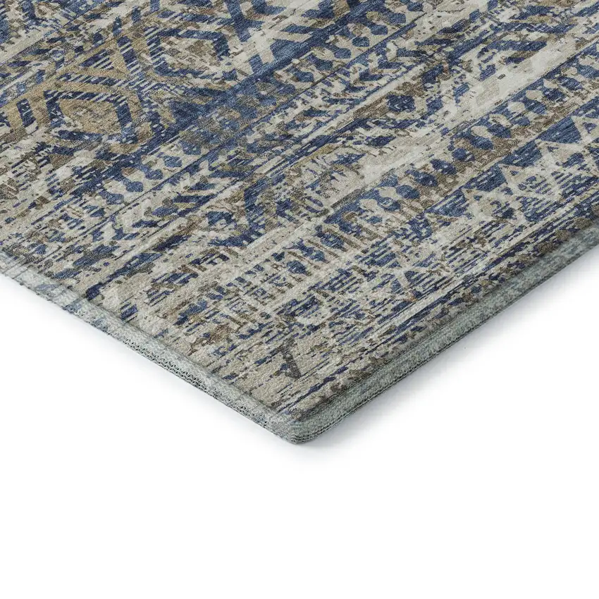 8' Blue Gray And Beige Moroccan Washable Round Rug With UV Protection Photo 7