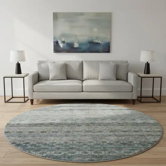 8' Blue Gray And Beige Striped Washable Round Rug With UV Protection Photo 2
