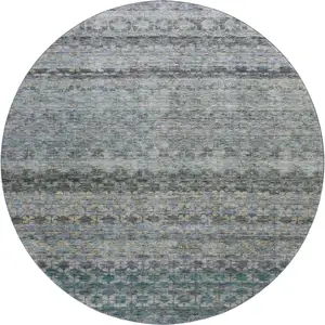 Photo of 8' Blue Gray And Beige Striped Washable Round Rug With UV Protection