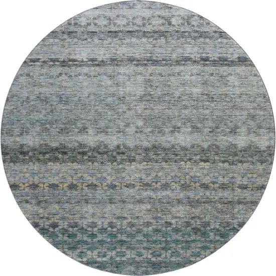 8' Blue Gray And Beige Striped Washable Round Rug With UV Protection Photo 1
