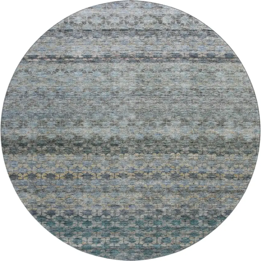 8' Blue Gray And Beige Striped Washable Round Rug With UV Protection Photo 1