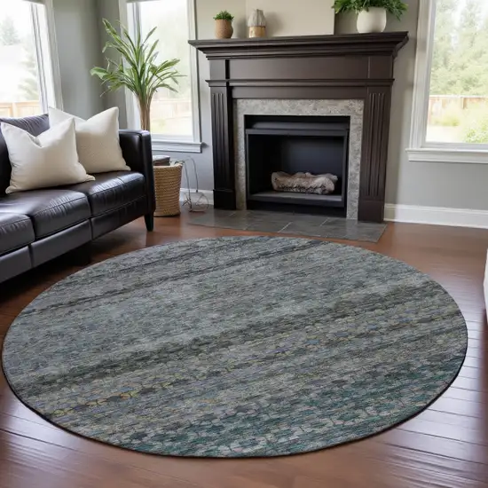8' Blue Gray And Beige Striped Washable Round Rug With UV Protection Photo 4