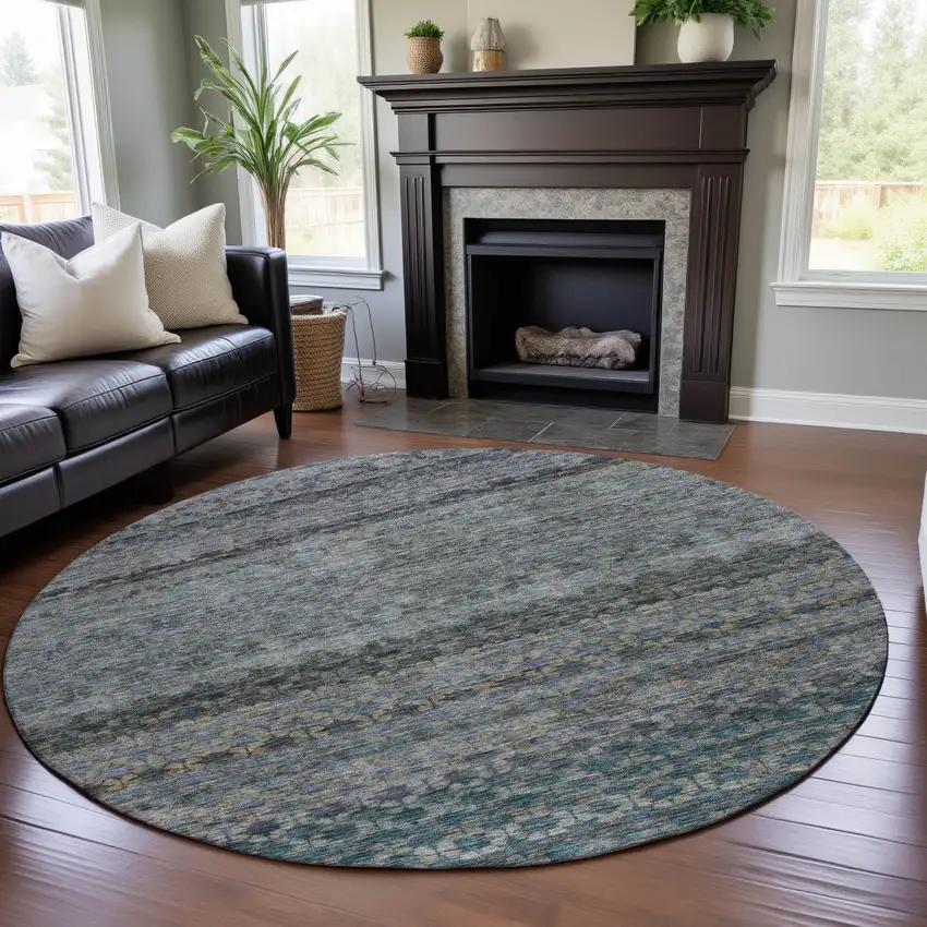 8' Blue Gray And Beige Striped Washable Round Rug With UV Protection Photo 4