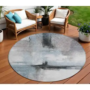 Photo of 8' Blue Gray And Black Round Abstract Washable Indoor Outdoor Area Rug