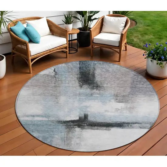 8' Blue Gray And Black Round Abstract Washable Indoor Outdoor Area Rug Photo 1
