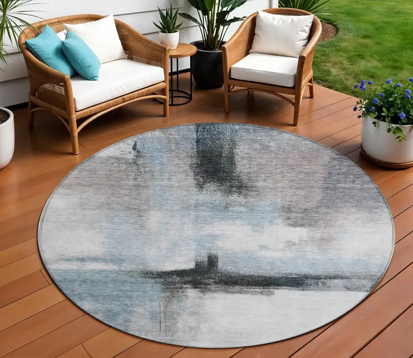 8' Blue Gray And Black Round Abstract Washable Indoor Outdoor Area Rug Photo 1