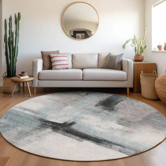 8' Blue Gray And Black Round Abstract Washable Indoor Outdoor Area Rug Photo 8