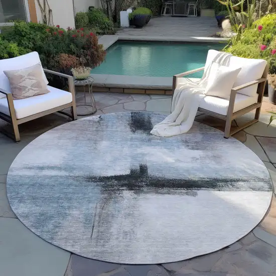 8' Blue Gray And Black Round Abstract Washable Indoor Outdoor Area Rug Photo 7