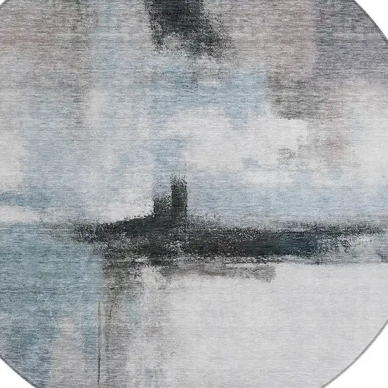 8' Blue Gray And Black Round Abstract Washable Indoor Outdoor Area Rug Photo 5