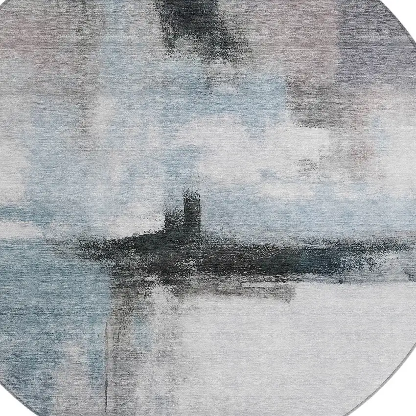 8' Blue Gray And Black Round Abstract Washable Indoor Outdoor Area Rug Photo 5