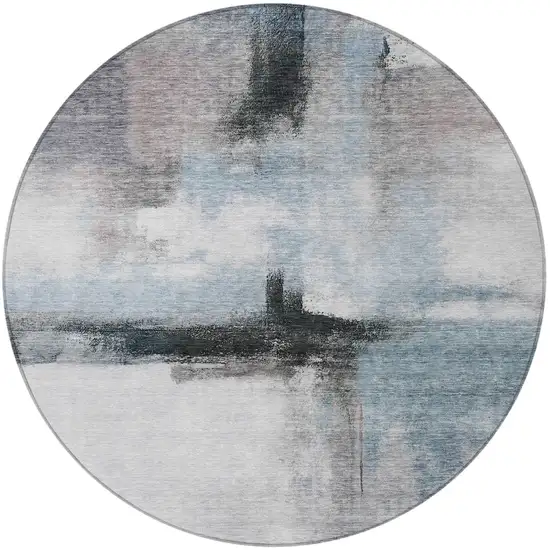 8' Blue Gray And Black Round Abstract Washable Indoor Outdoor Area Rug Photo 6