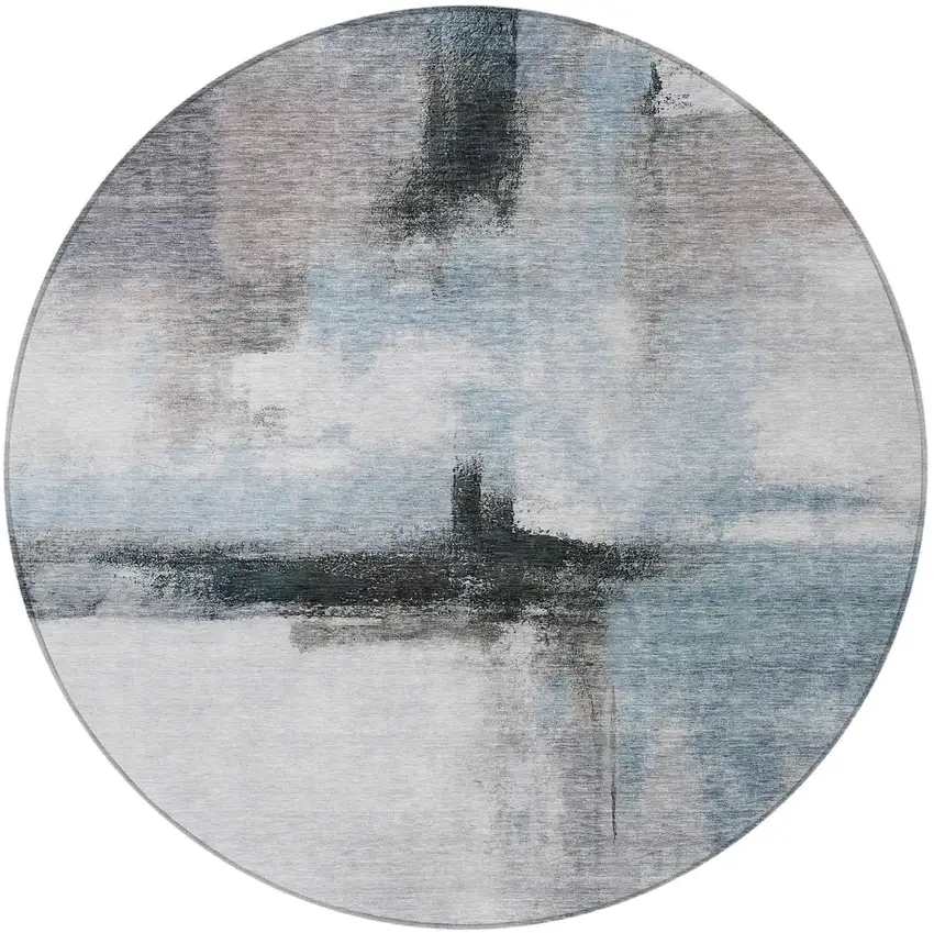 8' Blue Gray And Black Round Abstract Washable Indoor Outdoor Area Rug Photo 6