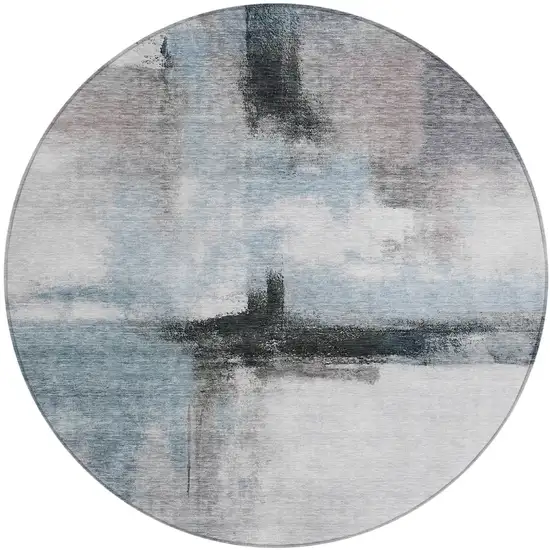 8' Blue Gray And Black Round Abstract Washable Indoor Outdoor Area Rug Photo 2