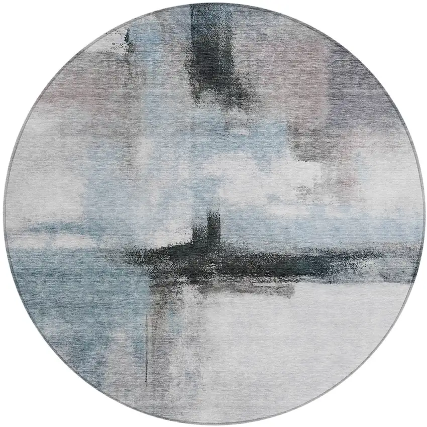 8' Blue Gray And Black Round Abstract Washable Indoor Outdoor Area Rug Photo 2