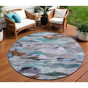 Photo of 8' Blue Gray And Brown Round Abstract Washable Indoor Outdoor Area Rug