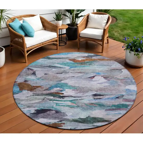 8' Blue Gray And Brown Round Abstract Washable Indoor Outdoor Area Rug Photo 1