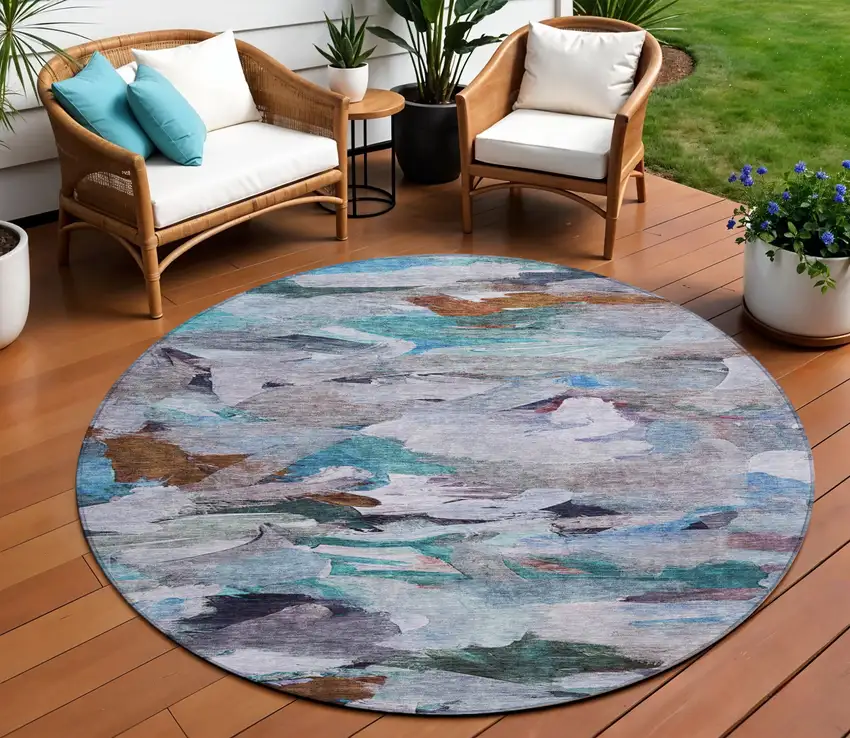 8' Blue Gray And Brown Round Abstract Washable Indoor Outdoor Area Rug Photo 1