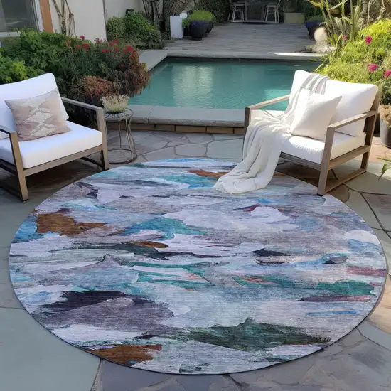 8' Blue Gray And Brown Round Abstract Washable Indoor Outdoor Area Rug Photo 8
