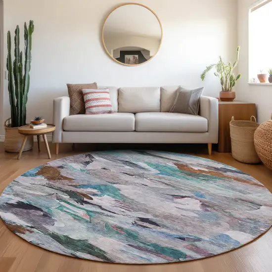 8' Blue Gray And Brown Round Abstract Washable Indoor Outdoor Area Rug Photo 9