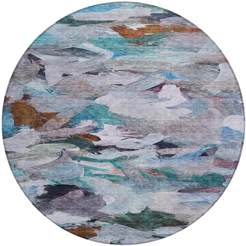 8' Blue Gray And Brown Round Abstract Washable Indoor Outdoor Area Rug Photo 2