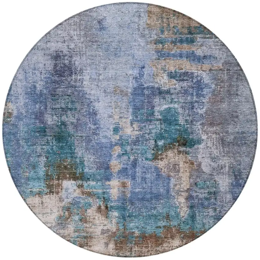 8' Blue Gray And Brown Round Abstract Washable Indoor Outdoor Area Rug Photo 4