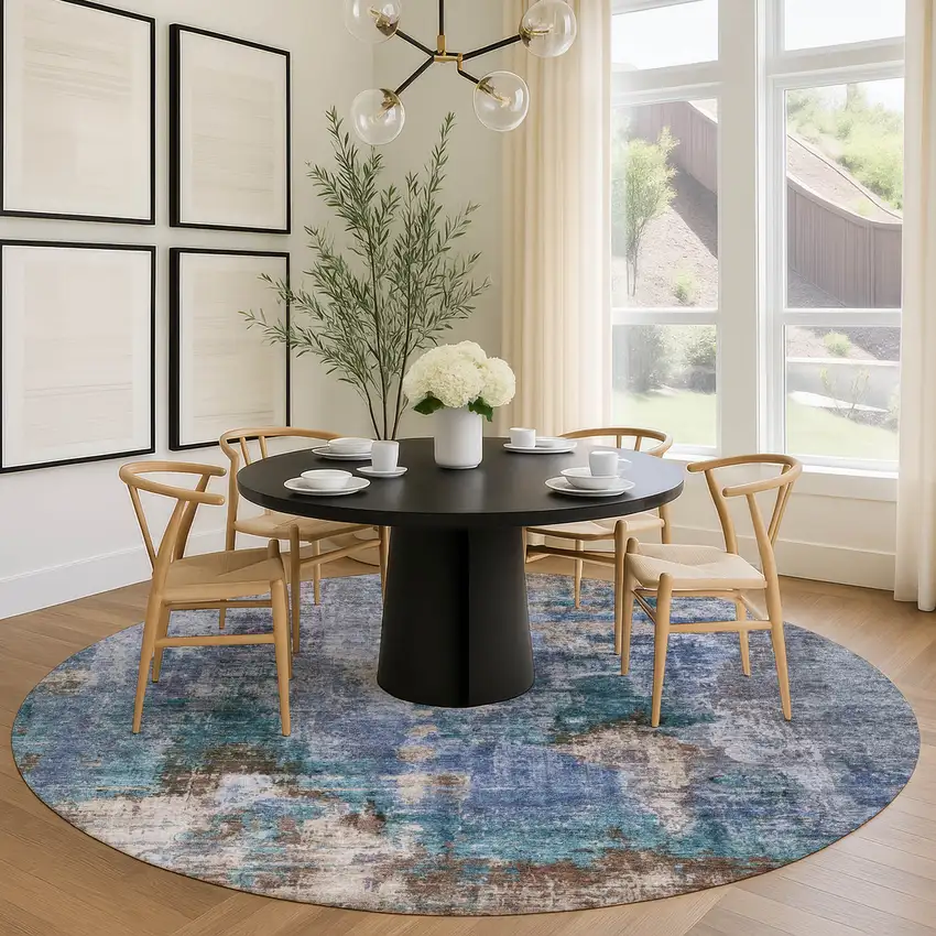 8' Blue Gray And Brown Round Abstract Washable Indoor Outdoor Area Rug Photo 9