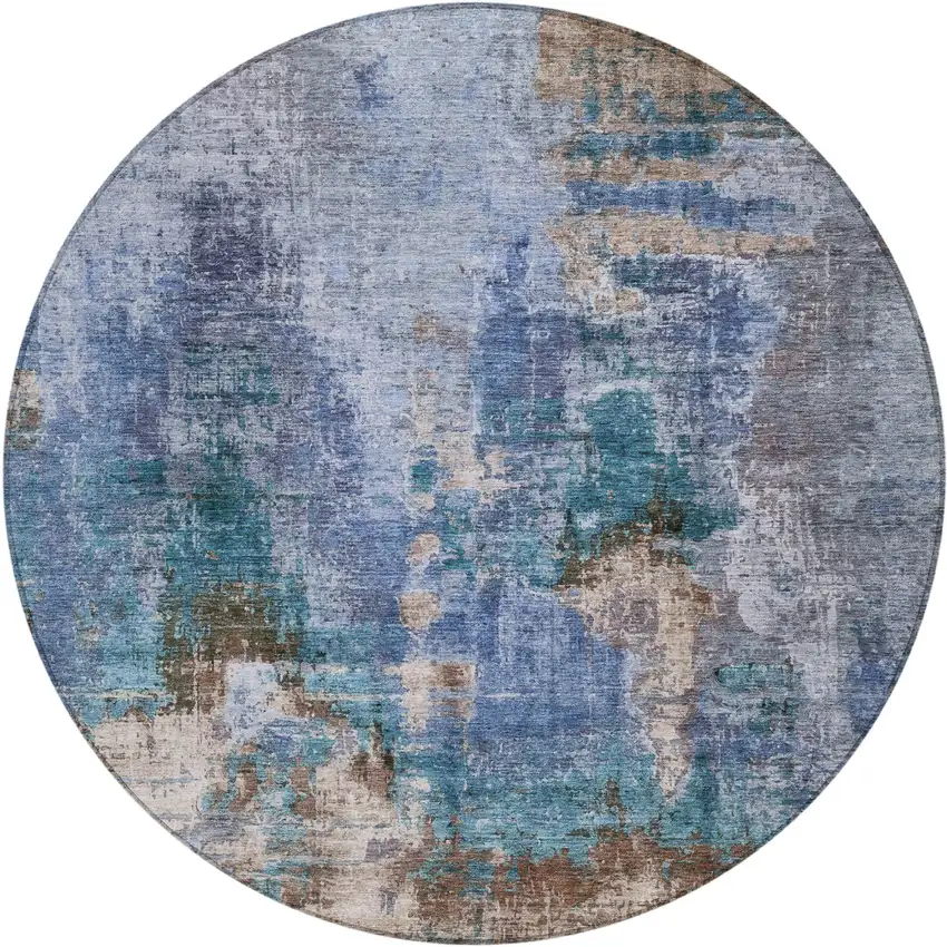 8' Blue Gray And Brown Round Abstract Washable Indoor Outdoor Area Rug Photo 2