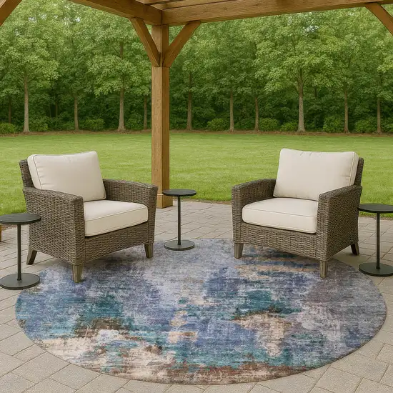 8' Blue Gray And Brown Round Abstract Washable Indoor Outdoor Area Rug Photo 8