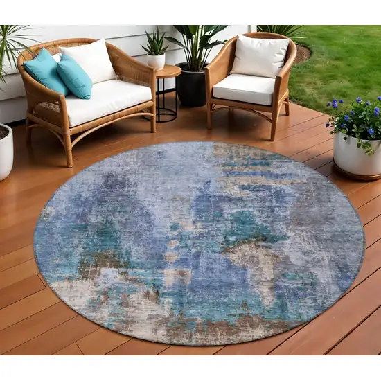 8' Blue Gray And Brown Round Abstract Washable Indoor Outdoor Area Rug Photo 1