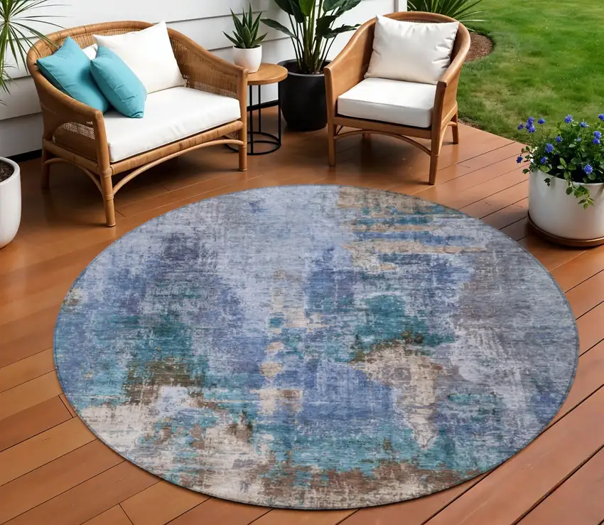 8' Blue Gray And Brown Round Abstract Washable Indoor Outdoor Area Rug Photo 1