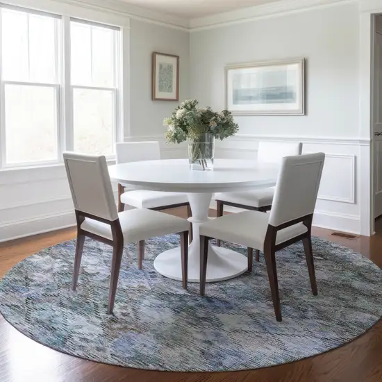 8' Blue Gray And Brown Round Floral Washable Indoor Outdoor Area Rug Photo 8
