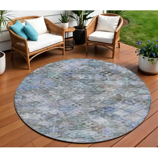 8' Blue Gray And Brown Round Floral Washable Indoor Outdoor Area Rug Photo 1