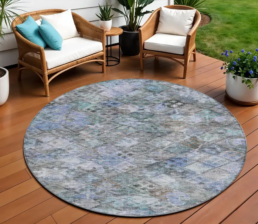 8' Blue Gray And Brown Round Floral Washable Indoor Outdoor Area Rug Photo 1