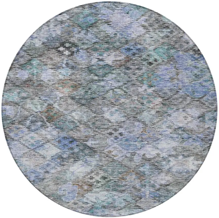 8' Blue Gray And Brown Round Floral Washable Indoor Outdoor Area Rug Photo 6