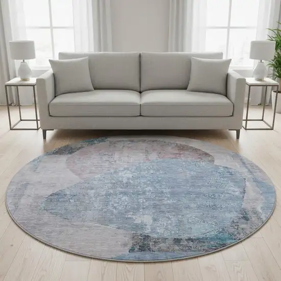 8' Blue Gray And Charcoal Abstract Washable Round Rug With UV Protection Photo 2