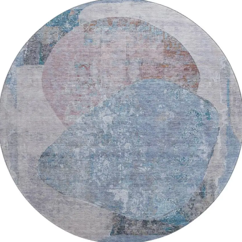 8' Blue Gray And Charcoal Abstract Washable Round Rug With UV Protection Photo 3