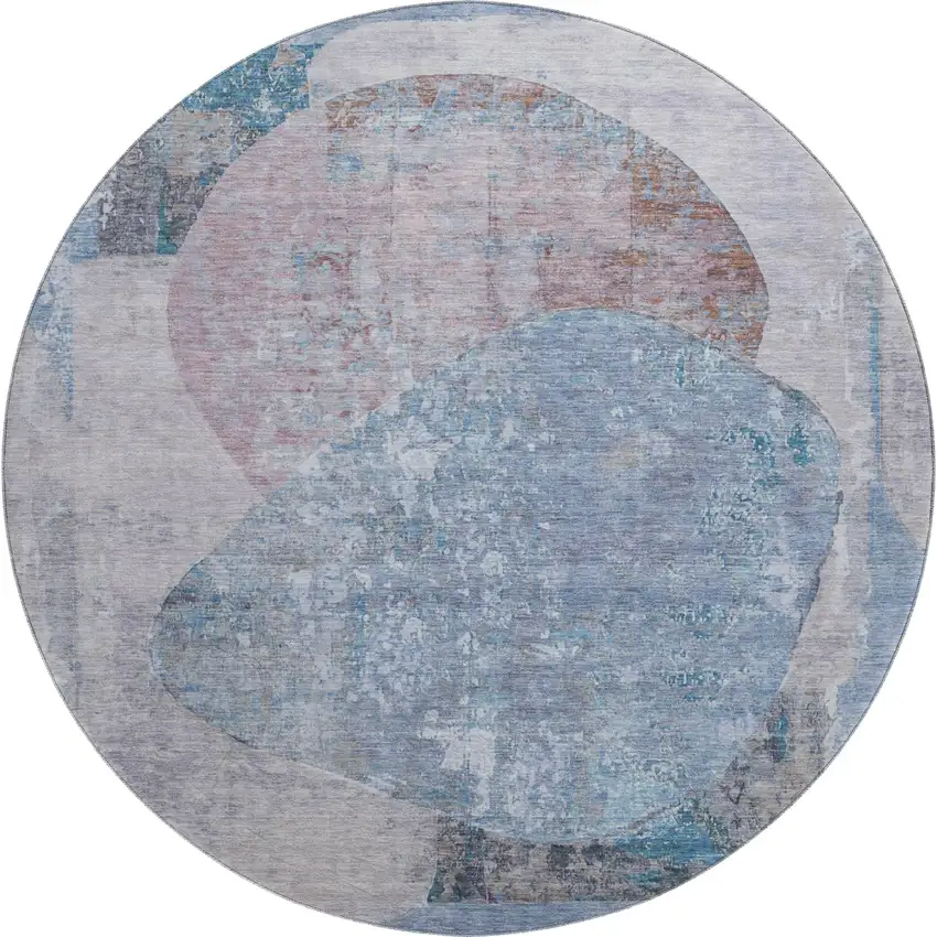 8' Blue Gray And Charcoal Abstract Washable Round Rug With UV Protection Photo 1