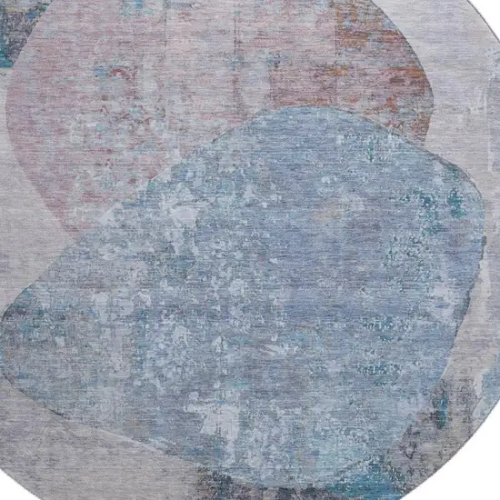 8' Blue Gray And Charcoal Abstract Washable Round Rug With UV Protection Photo 2