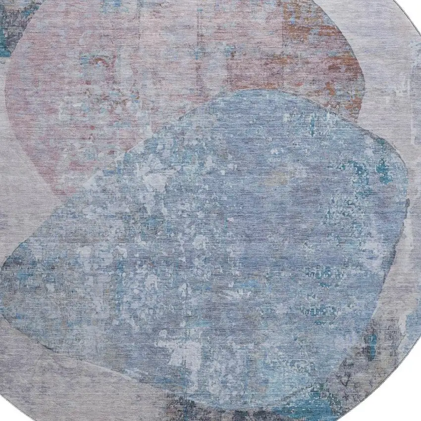 8' Blue Gray And Charcoal Abstract Washable Round Rug With UV Protection Photo 2