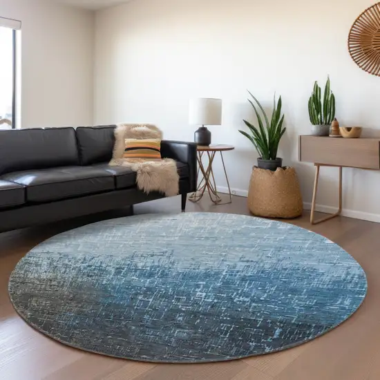 8' Blue Gray And Charcoal Ombre Washable Round Rug With UV Protection Photo 3