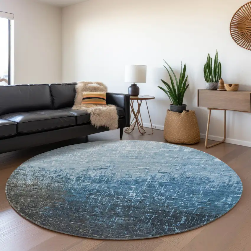 8' Blue Gray And Charcoal Ombre Washable Round Rug With UV Protection Photo 3